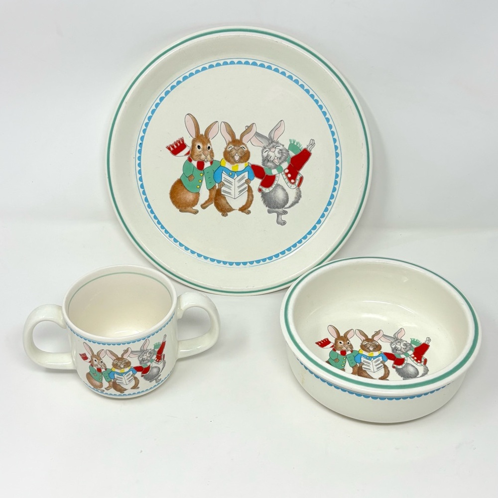 Mikasa DO-RE-MI Child’s Plate Cup Bowl Set Singing Rabbits 3 Pieces Easter Xmas